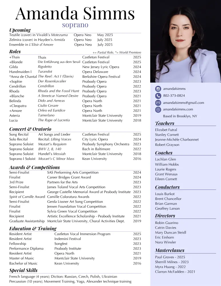 Resume design for opera singer Amanda Simms
